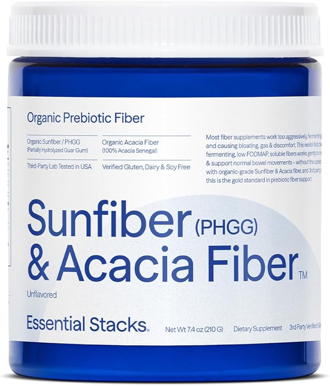 Organic Sunfiber PHGG and Acacia Fiber supplement jar by Essential Stacks
